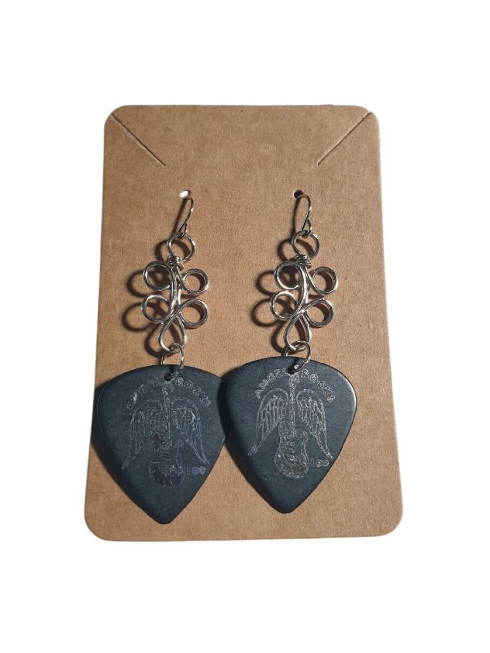 Guitar Pick Dangle Earrings Angels Rocks Butterfly Design Silver Tone Handmade - Picture 2 of 5